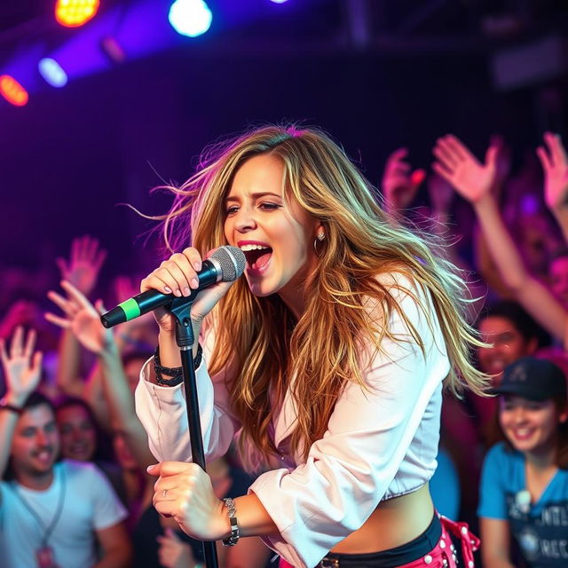 A vibrant and dynamic scene featuring a singer on stage, passionately performing into a microphone