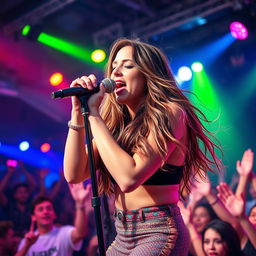 A vibrant and dynamic scene featuring a singer on stage, passionately performing into a microphone