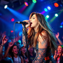 A vibrant and dynamic scene featuring a singer on stage, passionately performing into a microphone