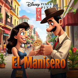 A vibrant movie cover for a Disney Pixar film titled 'El Manisero