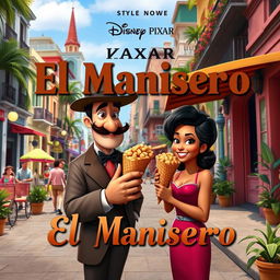 A vibrant movie cover for a Disney Pixar film titled 'El Manisero