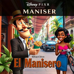 A vibrant movie cover for a Disney Pixar film titled 'El Manisero