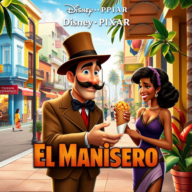 A vibrant movie cover for a Disney Pixar film titled 'El Manisero