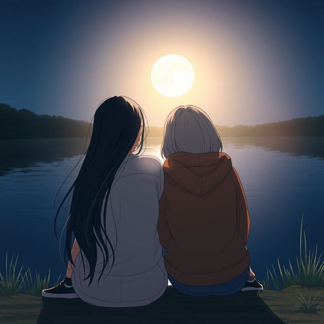 A portrait format image of two girls sitting by a tranquil lake with their backs turned to the viewer