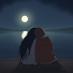 A portrait format image of two girls sitting by a tranquil lake with their backs turned to the viewer