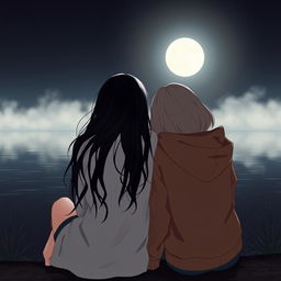 A portrait format image of two girls sitting by a tranquil lake with their backs turned to the viewer