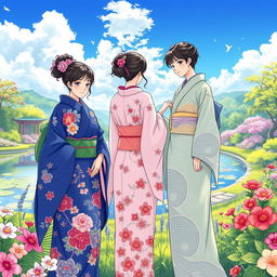 A vibrant manhwa-style illustration featuring three Japanese sisters in beautifully detailed kimonos