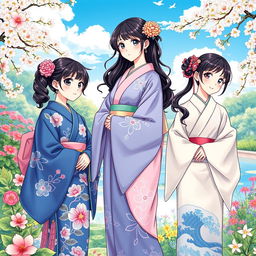 A vibrant manhwa-style illustration featuring three Japanese sisters in beautifully detailed kimonos