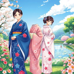 A vibrant manhwa-style illustration featuring three Japanese sisters in beautifully detailed kimonos