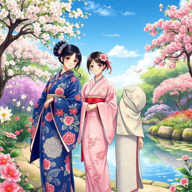 A vibrant manhwa-style illustration featuring three Japanese sisters in beautifully detailed kimonos