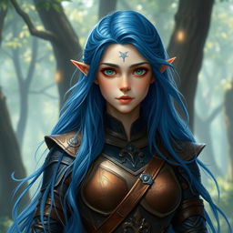 A semi-elf appearing around 18 years old, with long, flowing blue hair cascading down their shoulders