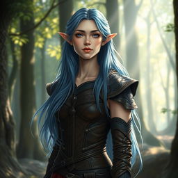 A semi-elf appearing around 18 years old, with long, flowing blue hair cascading down their shoulders