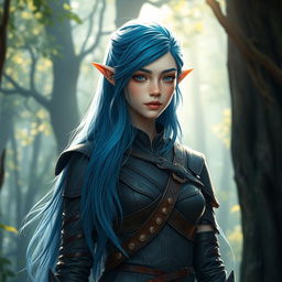 A semi-elf appearing around 18 years old, with long, flowing blue hair cascading down their shoulders