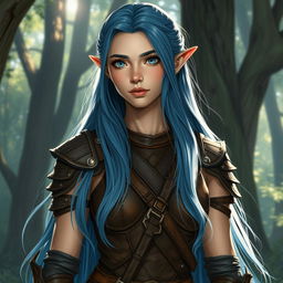 A semi-elf appearing around 18 years old, with long, flowing blue hair cascading down their shoulders