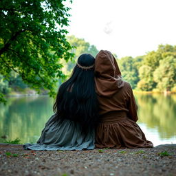 A portrait format image of two girls sitting by a serene lake, both with their backs turned to the viewer