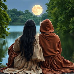 A portrait format image of two girls sitting by a serene lake, both with their backs turned to the viewer