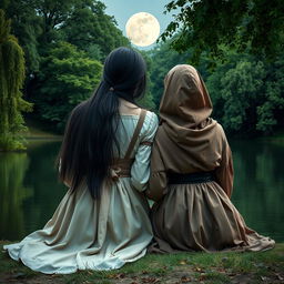 A portrait format image of two girls sitting by a serene lake, both with their backs turned to the viewer