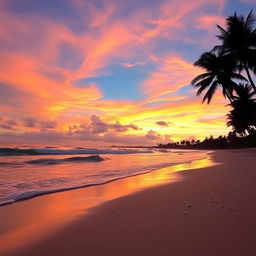 A serene beach landscape during sunset, featuring gentle waves lapping at the shore
