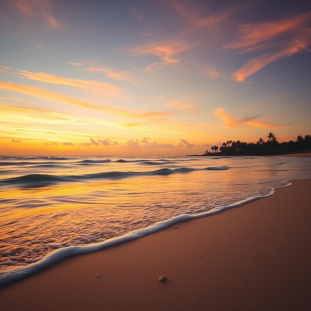 A serene beach landscape during sunset, featuring gentle waves lapping at the shore