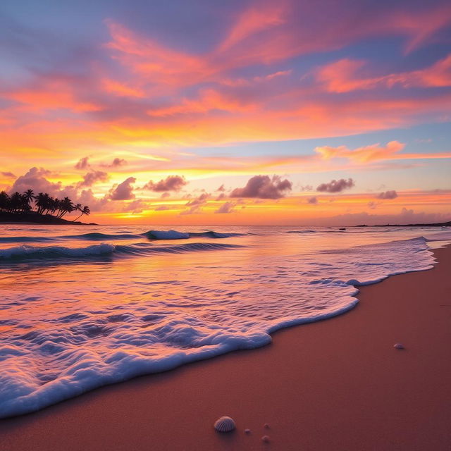 A serene beach landscape during sunset, featuring gentle waves lapping at the shore