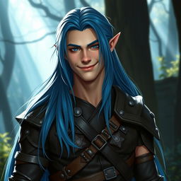A semi-elf male appearing around 18 years old, with long, flowing blue hair that falls gracefully down his back
