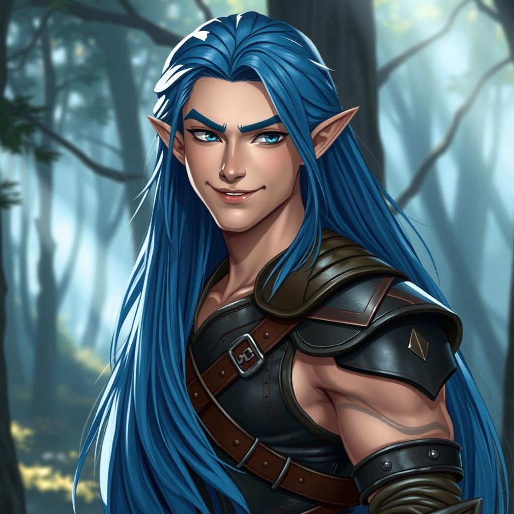 A semi-elf male appearing around 18 years old, with long, flowing blue hair that falls gracefully down his back