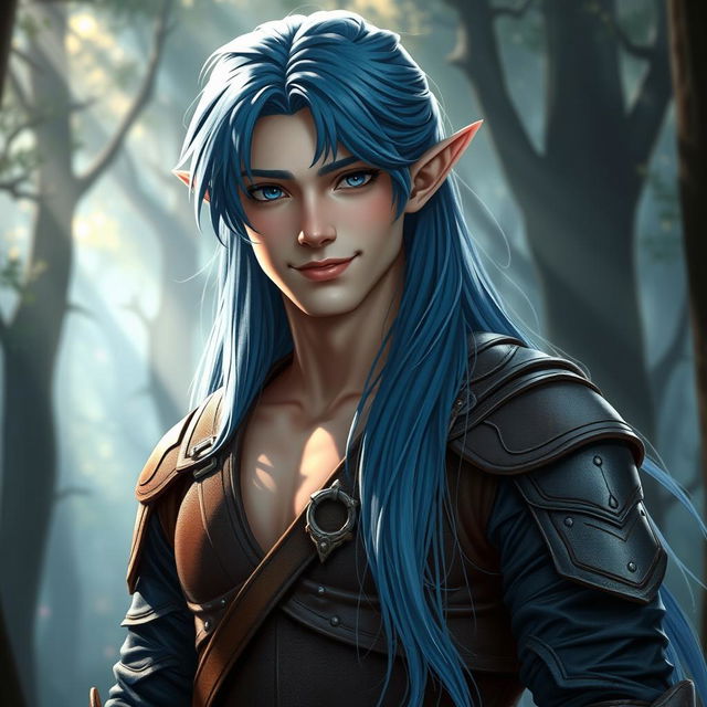 A semi-elf male appearing around 18 years old, with long, flowing blue hair that falls gracefully down his back