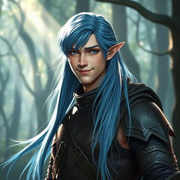 A semi-elf male appearing around 18 years old, with long, flowing blue hair that falls gracefully down his back