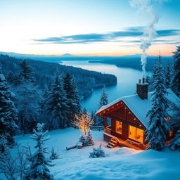 A stunning winter landscape with a snow-covered forest and a beautiful serene lake, reflecting the clear blue sky