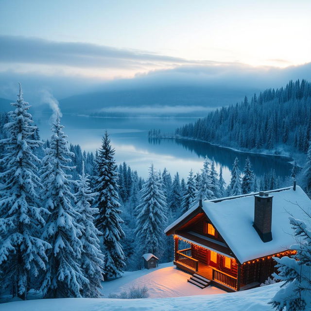 A stunning winter landscape with a snow-covered forest and a beautiful serene lake, reflecting the clear blue sky