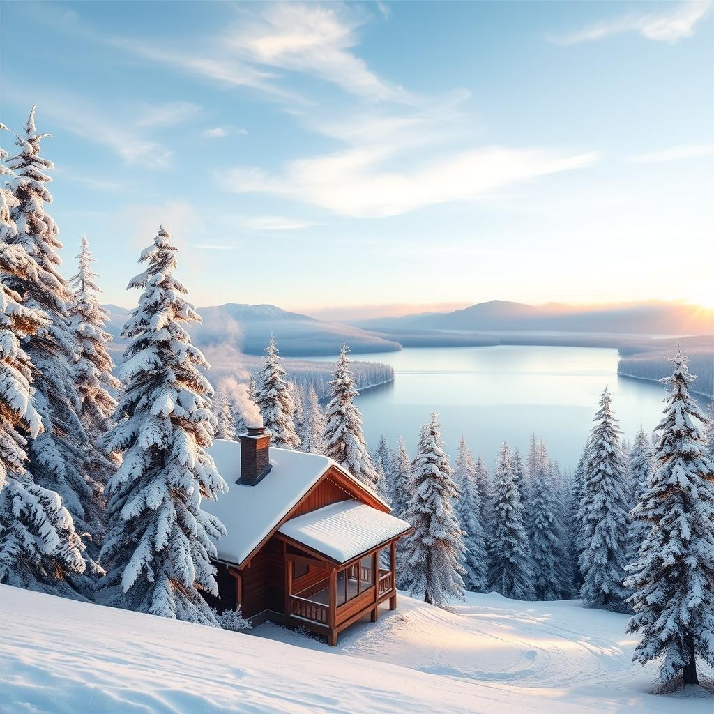 A stunning winter landscape with a snow-covered forest and a beautiful serene lake, reflecting the clear blue sky