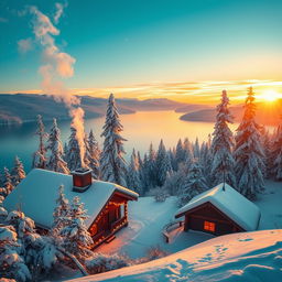 A stunning winter landscape with a snow-covered forest and a beautiful serene lake, reflecting the clear blue sky