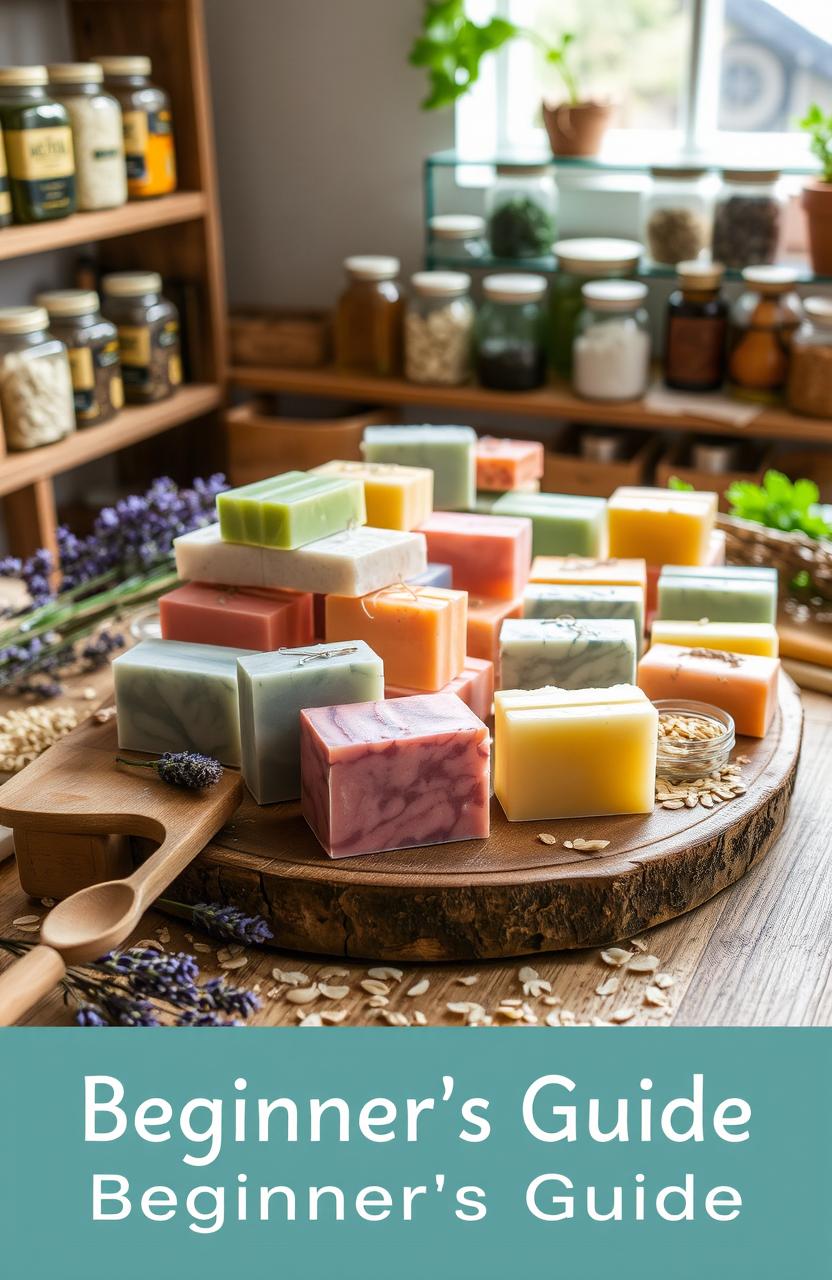 An inviting and meticulously arranged scene showcasing the art of handmade soap making, featuring various colorful, beautifully molded soaps surrounded by natural ingredients like lavender, oats, and essential oils