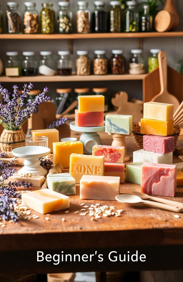 An inviting and meticulously arranged scene showcasing the art of handmade soap making, featuring various colorful, beautifully molded soaps surrounded by natural ingredients like lavender, oats, and essential oils