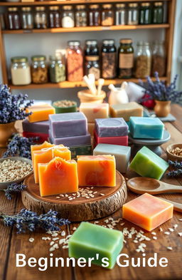 An inviting and meticulously arranged scene showcasing the art of handmade soap making, featuring various colorful, beautifully molded soaps surrounded by natural ingredients like lavender, oats, and essential oils