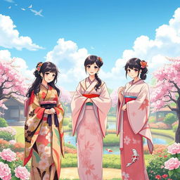 An illustration in manhwa style featuring three Japanese sisters in a vibrant and enchanting garden