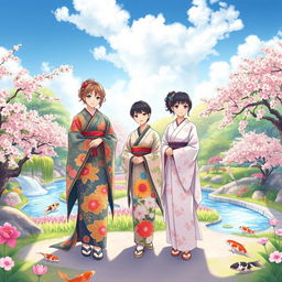 An illustration in manhwa style featuring three Japanese sisters in a vibrant and enchanting garden