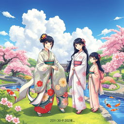An illustration in manhwa style featuring three Japanese sisters in a vibrant and enchanting garden