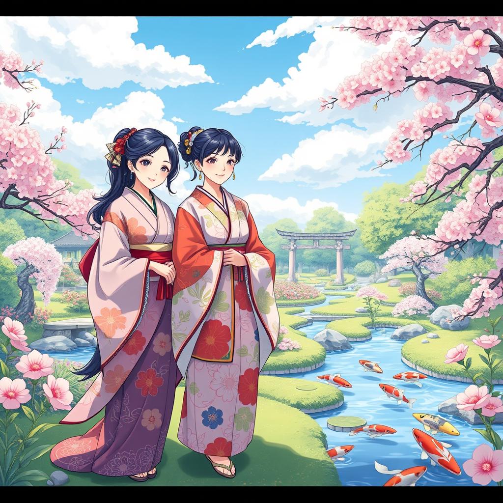 An illustration in manhwa style featuring three Japanese sisters in a vibrant and enchanting garden