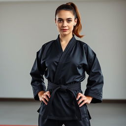 A full body portrait of a beautiful martial arts expert with brunette hair styled in a short ponytail