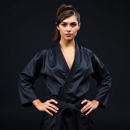 A full body portrait of a beautiful martial arts expert with brunette hair styled in a short ponytail