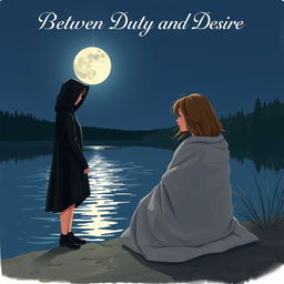 A book cover illustration featuring two young women by a serene lake at night