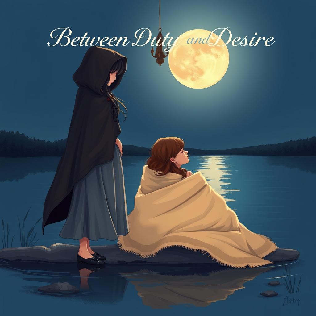 A book cover illustration featuring two young women by a serene lake at night