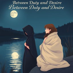 A book cover illustration featuring two young women by a serene lake at night