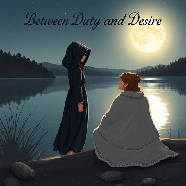 A book cover illustration featuring two young women by a serene lake at night