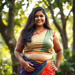A beautiful 45-year-old South Indian woman with a chubby figure, confidently posing in a stylish sleeveless crop top paired with a traditional petticoat