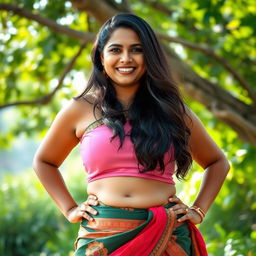 A beautiful 45-year-old South Indian woman with a chubby figure, confidently posing in a stylish sleeveless crop top paired with a traditional petticoat