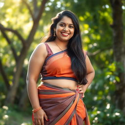 A beautiful 45-year-old South Indian woman with a chubby figure, confidently posing in a stylish sleeveless crop top paired with a traditional petticoat