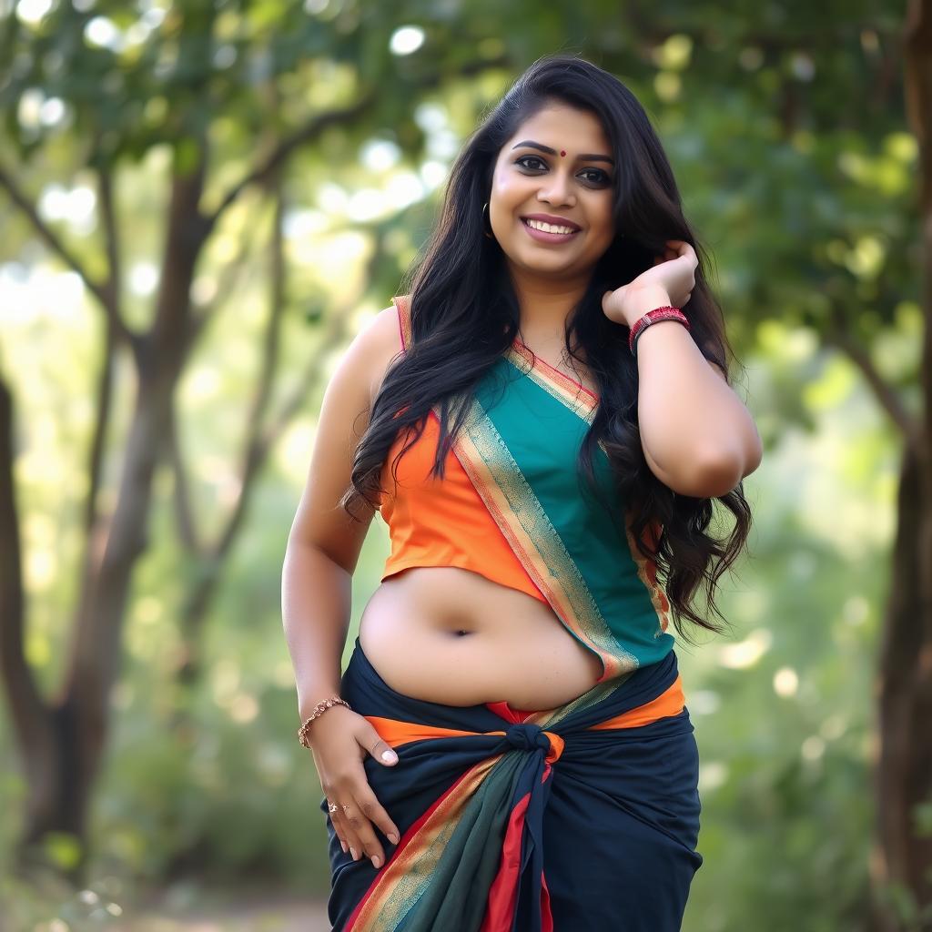 A beautiful 45-year-old South Indian woman with a chubby figure, confidently posing in a stylish sleeveless crop top paired with a traditional petticoat