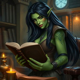 An enchanting orc librarian with vibrant green skin and long flowing black hair